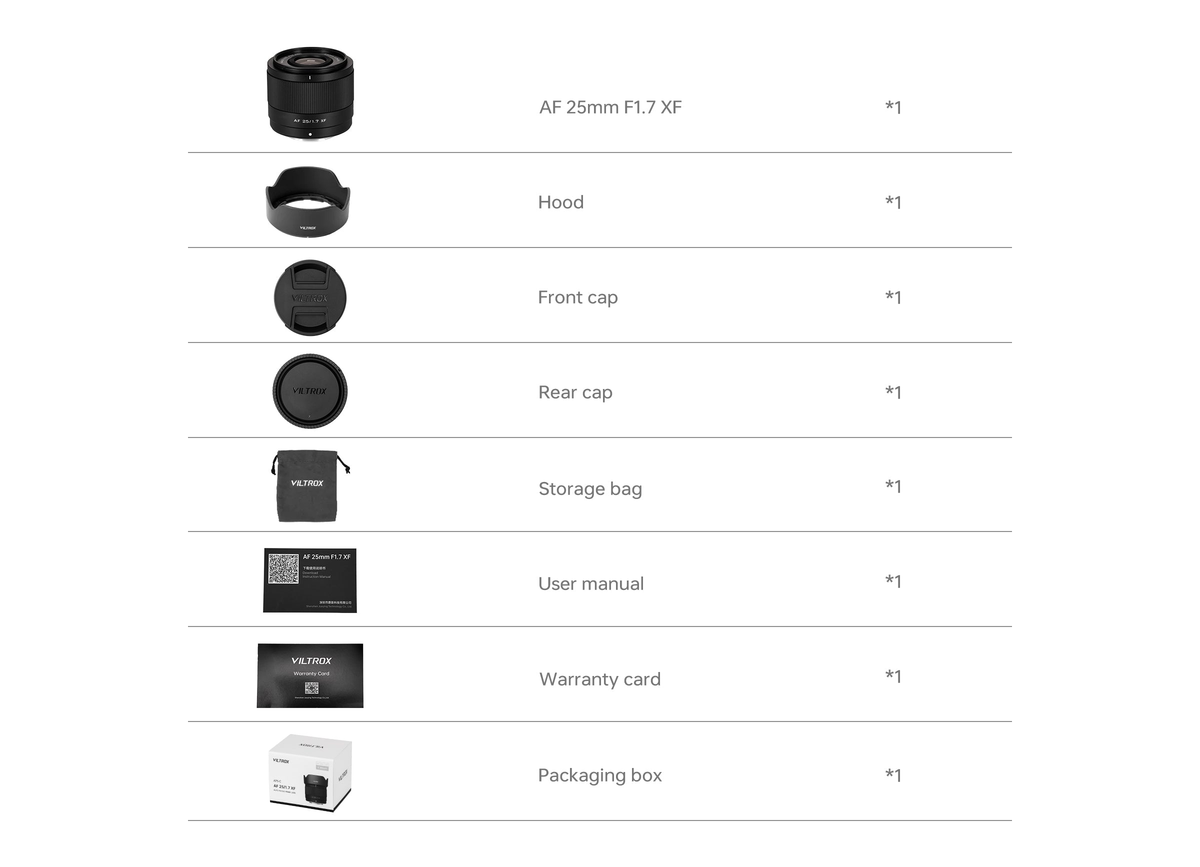 Viltrox AF 25mm F1.7 Air XF Fujifilm APS-C Lens kutu içeriği görseli