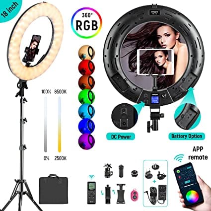 Weeylite WE-10 18 Inch Ring Light, RGB Light Ring with Tripod Stand & Phone Holder, Remote/APP Control, Dimmable 2500K-8500K CRI95 Circle Selfie Light for Live Stream Makeup Selfie Video Tiktok